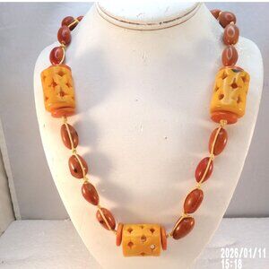Hand Carved and Dyed Tagua Nut Beaded Necklace on Cord Size 28.5 inches - New